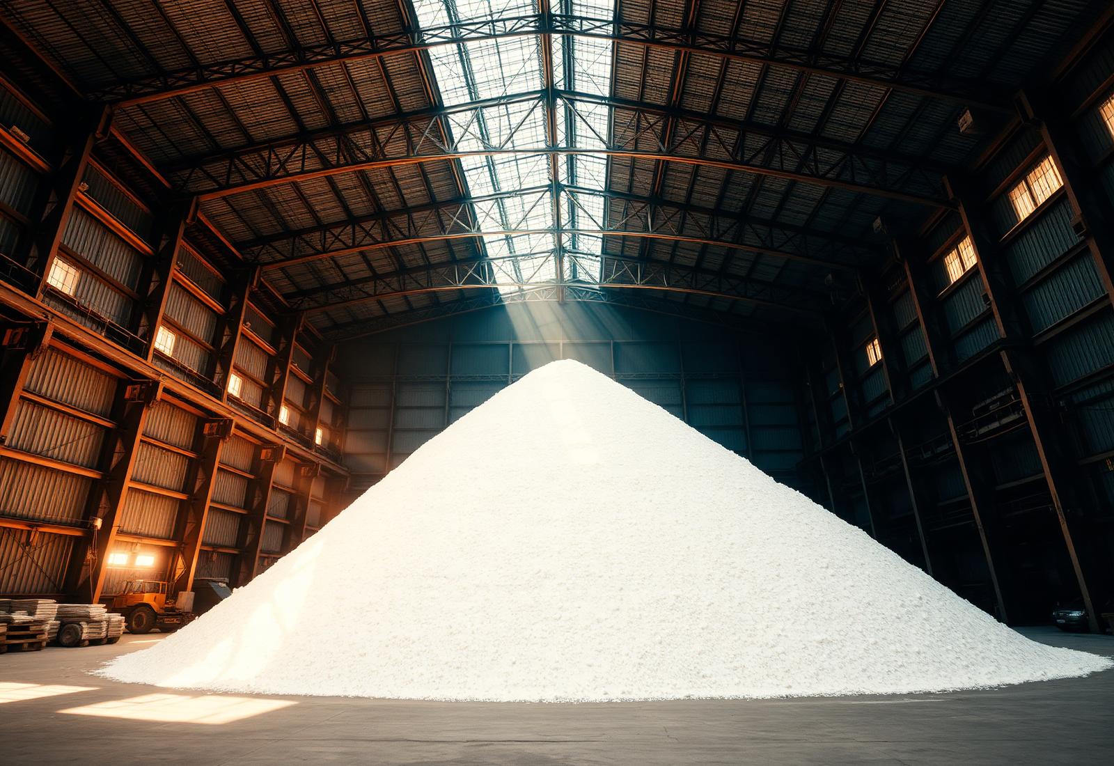 Vast white salt stockpile inside an industrial terminal warehouse